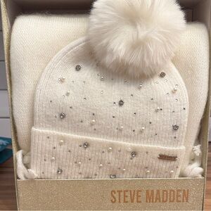 Steve Madden Ivory Beanie and Scarf Set with Embellishments